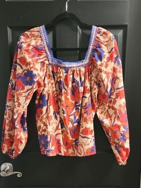 Square-Neck Floral Peasant Blouse in Orange, Blue & Cream